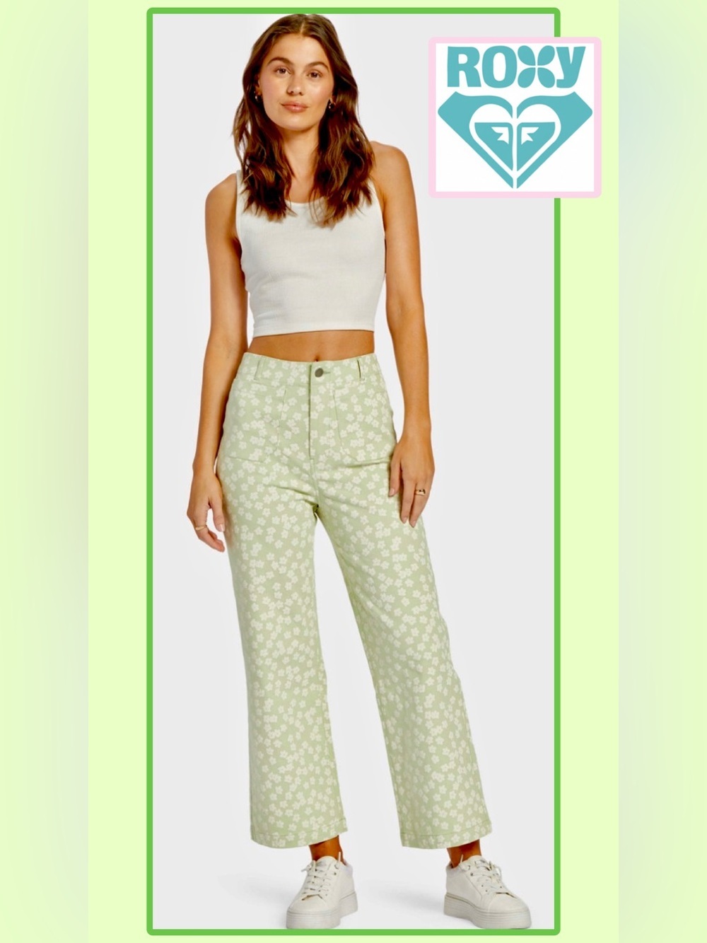 NWT Roxy Coastal Cruiser Pants Quiet Green|White Floral Delight w/pockets Sz 30